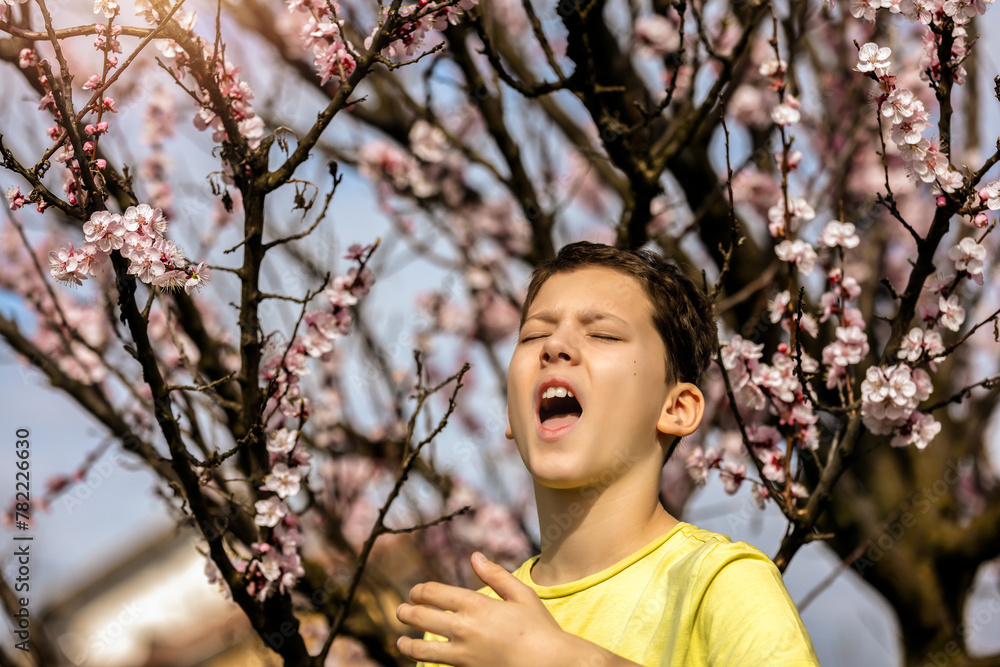 Child with pollen allergy. Boy sneezing because of seasonal allergy. Child with pollen allergy. Boy sneezing because of seasonal allergy.
