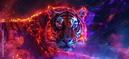 an orange tiger made out light and glowing fire  neon lights  cinematic lighting