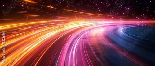 yellow and pink light trails, the flow of data within computer systems or networks, the transfer of information .internet speed, data transfer, fast computing. 