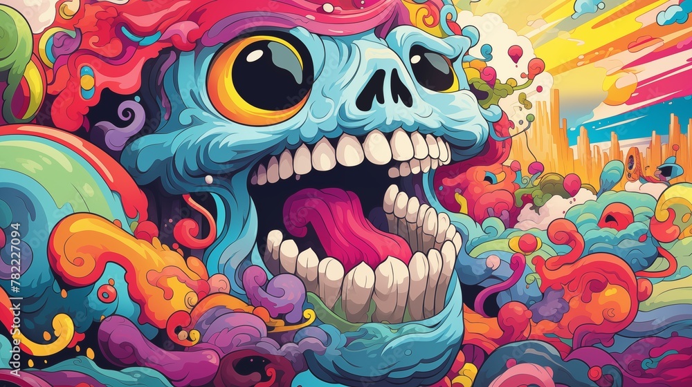 A Vibrant, Psychedelic Skull Surrounded by a Swirl of Vivid Colors and Abstract Waves