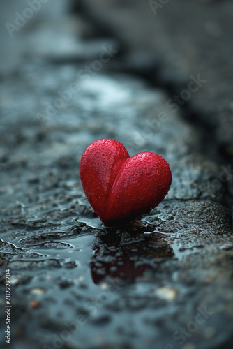 A heart is sitting on a rock in a puddle of water