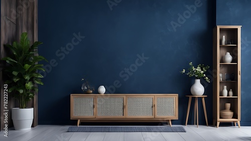 Living room with cabinet for tv on dark blue color wall background © STOCK LAND