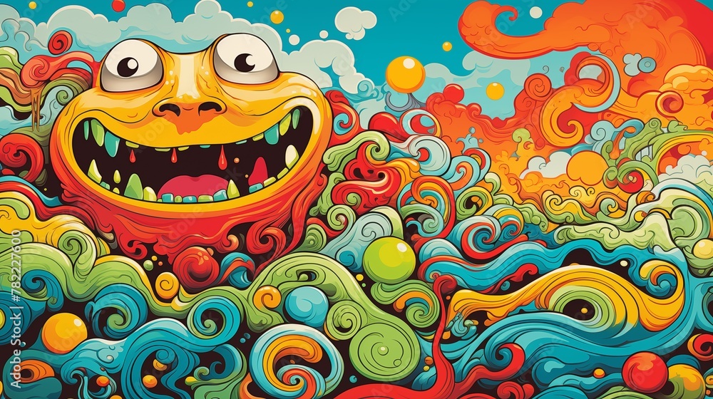 A Cheerful, Vibrant and Whimsical Illustration of a Smiling Sun with Swirling Waves