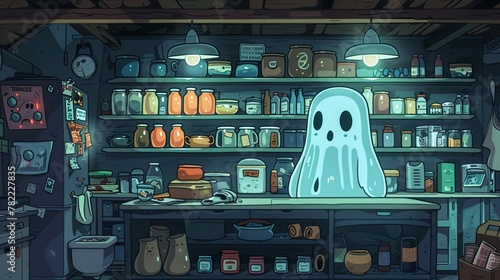 Ghost hunting workshop in a known paranormal hotspot inspiring shopping for unique gadgets, quirky digital illustration in a pantry photo