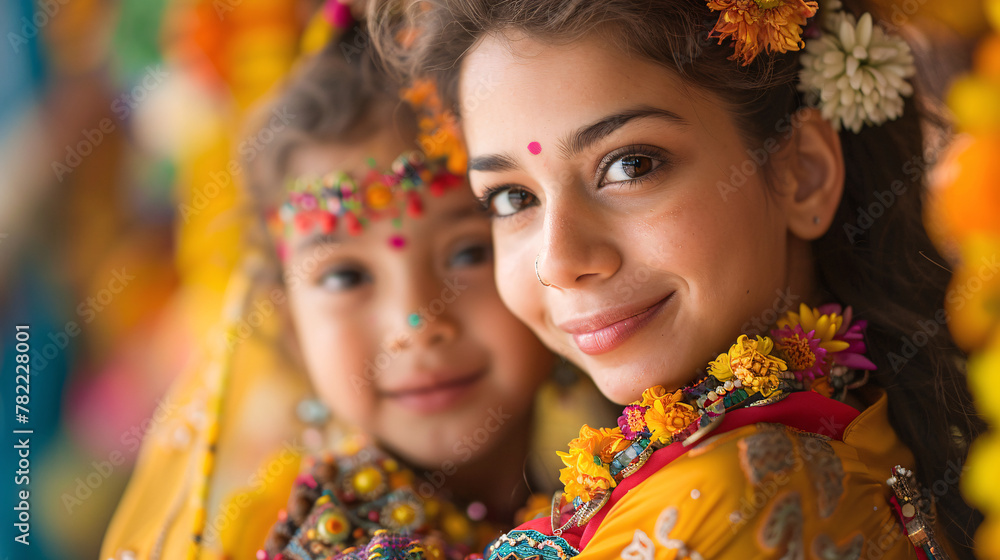 Close-up of a mother and child dressed in vibrant costumes for a traditional festival, radiating joy and cultural pride. Close-up of a mother and child dressed in vibrant costumes for a traditional festival, radiating joy and cultural pride.
