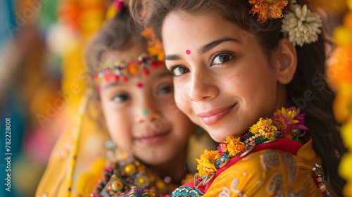 Close-up of a mother and child dressed in vibrant costumes for a traditional festival, radiating joy and cultural pride.