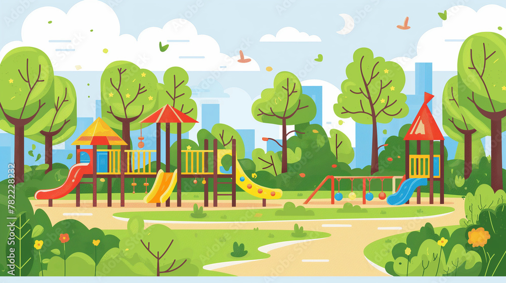 Park with children's games in spring, with lots of nature. flat design style.