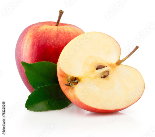 Ripe red apple fruit with cut in half and green leaves isolated on white background