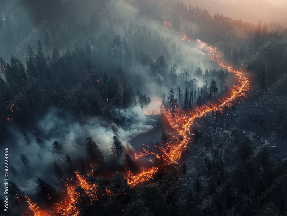 Aerial Perspective of Wildfire's Devastation: A Line Between Nature's Resilience and Unyielding Inferno