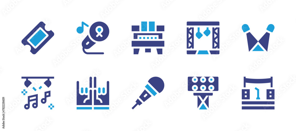 Concert icon set. Duotone color. Vector illustration. Containing ticket ...