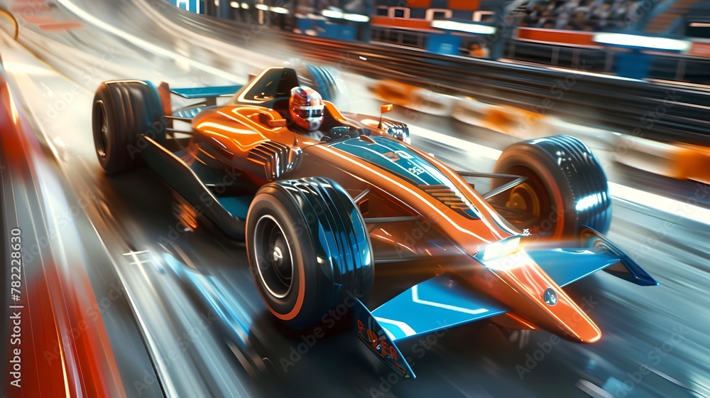 Obraz premium Dynamic Racing Car in High-Speed Action on a Blurred Track. Vivid Colors and Motion Blur Capture a Sense of Speed. Ideal for Sports Themes. AI