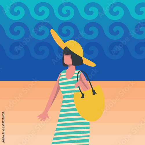 Vector illustration summer holidays vacation. A woman on vacation, in a swimsuit, walks along the beach. Woman back view. Sea, sky, beach, tanned girl