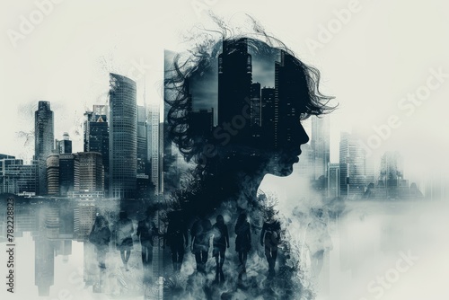 A striking double exposure image blending a woman's profile with a metropolitan cityscape..