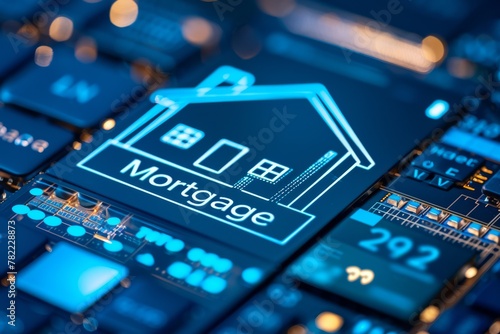 A detailed mortgage concept shown on a futuristic blue circuit board, symbolizing high-tech finance and computing..