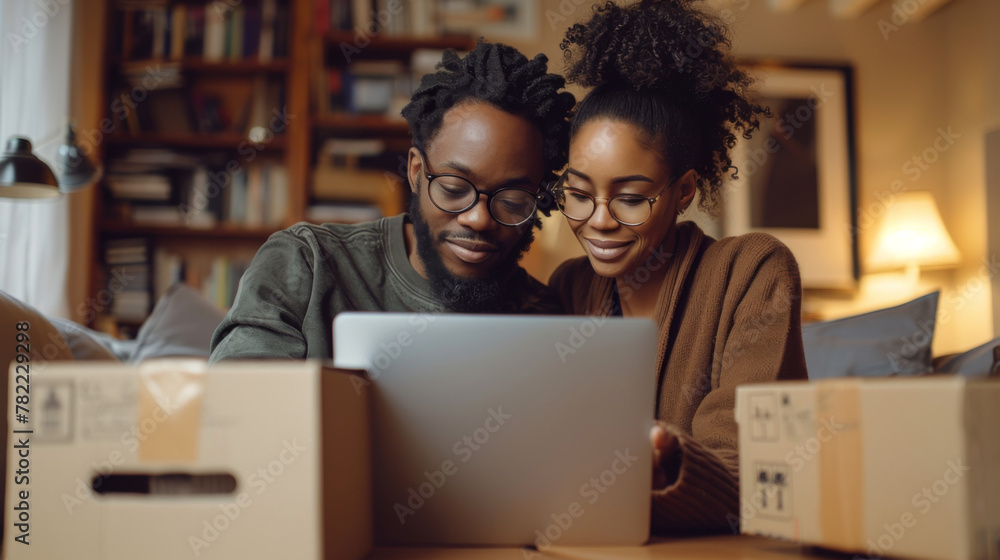 Portrait of happy couple looking at laptop computer together sitting in new house, surrounded with boxes. Portrait of happy couple looking at laptop computer together sitting in new house, surrounded with boxes.