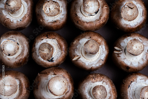 Freshly harvested Portobello mushrooms arranged in a rustic pile, perfect for culinary or nature-themed
