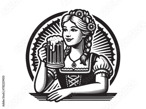 Beautiful young German woman with a mug of beer. Vintage engraving emblem, logo