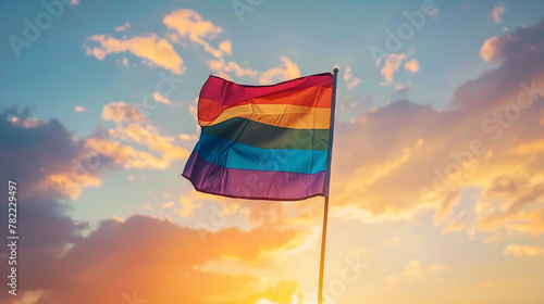 A pride flag waving in the wind against a sunset sky 