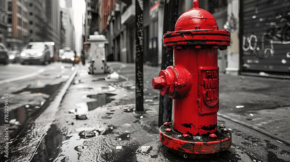 Vibrant red fire hydrant stands out in a monochrome urban scene. City street after rain with detailed textures. Perfect for modern decor. AI