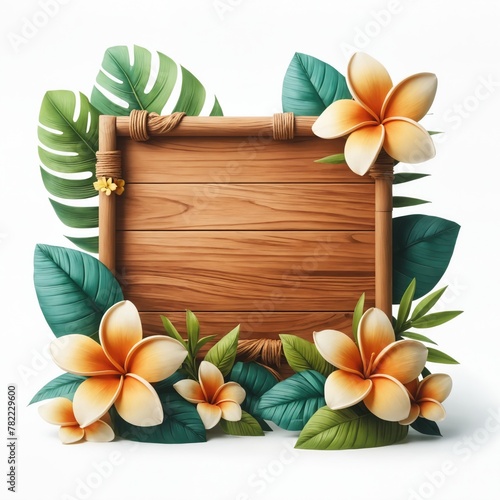 Empty wooden information board decorated with tropical plants and flowers, isolated on white