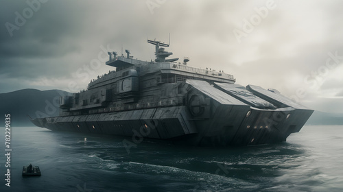 Futuristic stealth landing ship in the ocean: 22nd-century naval power and innovation