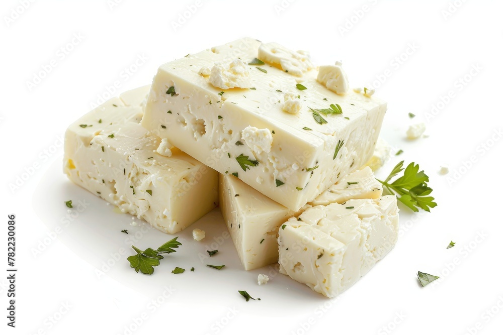 Feta cheese on white background with clipping path flat lay