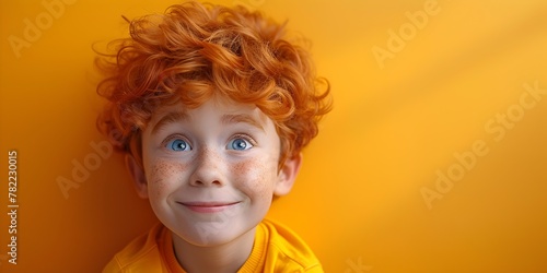 A curious cheerful youth with a radiant mischievous smile emanates a warm positive energy against a vibrant orange backdrop