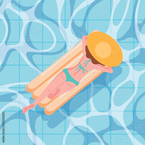 Woman relaxing on float swim ring. Flat style woman on vacation swimming in pool, resting or dreaming on water waves on inflatable ring or mattress. Summer travel and leisure on water, beach activity