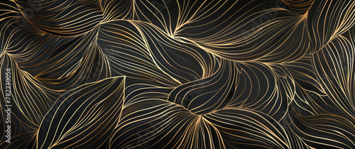 Abstract golden lines drawing of plants, lines in gold on a dark background, detailed vector art, flat design using simple shapes