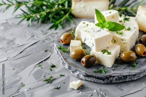 Feta cheese olives herbs on marble photo