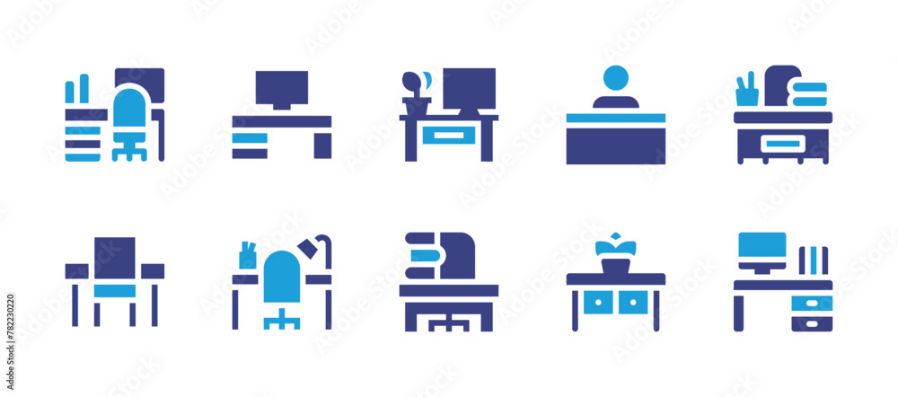 Desk icon set. Duotone color. Vector illustration. Containing workspace, desk, teacher desk, office, furniture, help.