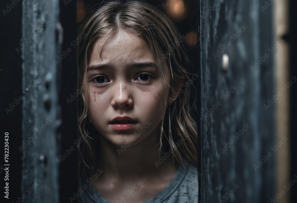 Scared young girl looks through an open door Scared young girl looks through an open door