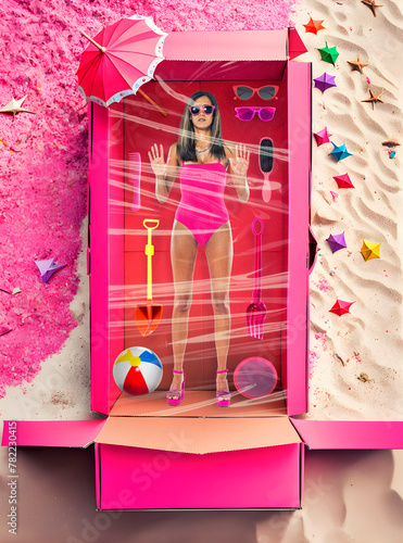 Human size adult woman inside pink box © Mauro Rodrigues