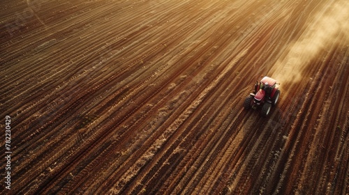 Tractor tilling soil at sunset on a large agricultural field