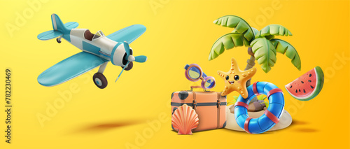 Tropical Vacation Set with Airplane and Beach Accessories. Colorful and cheerful 3D illustration featuring vacation essentials with a playful airplane, on a warm yellow backdrop. Travel summer season.