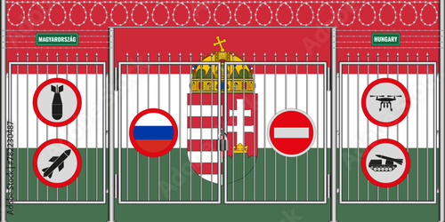 Vector illustration of the flag of Hungary under the lattice. The concept of isolationism. No war.

