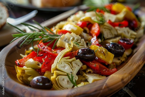 Focused on artichoke olive and roasted pepper antipasto