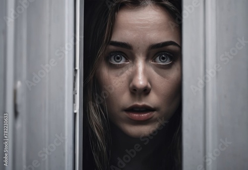 Scared woman looks through an open door