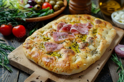 Focaccia pizza with olive oil rosemary ham mozzarella salads and olives