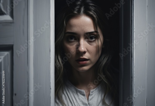 Scared woman looks through an open door