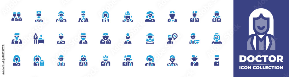 Doctor icon collection. Duotone color. Vector and transparent illustration. Containing medicalteam, pediatrics, doctor, psychiatrist, nurse, woman.