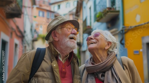 Joyful senior couple laughing and exploring narrow streets in a European city