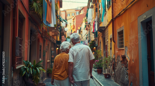 Elderly couple walking hand in hand through a colorful alley in an Italian town © doraclub