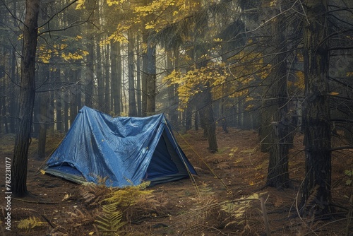 Forest has a blue tent