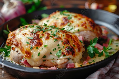 French dish with chicken cheese and ham