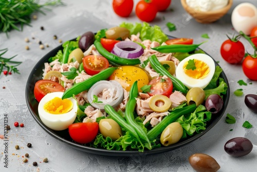 French Nicoise salad with tuna eggs veggies and anchovies Healthful option