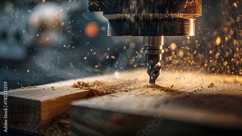 Close-up of a drill machine at work in a workshop. Sparks fly as the drill bores into wood. Craftsmanship and precision engineering. Industrial equipment in action. AI photo