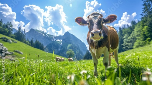 Panoramic view of a cow in green pastures  underlining the beauty and ethics of free-range farming