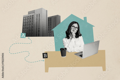 Composite photo collage of young businesswoman think work home comfort distance route building company isolated on painted background photo