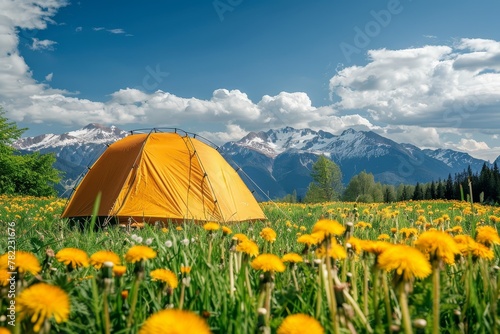 Large yellow tent in dandelion field with mountains in background